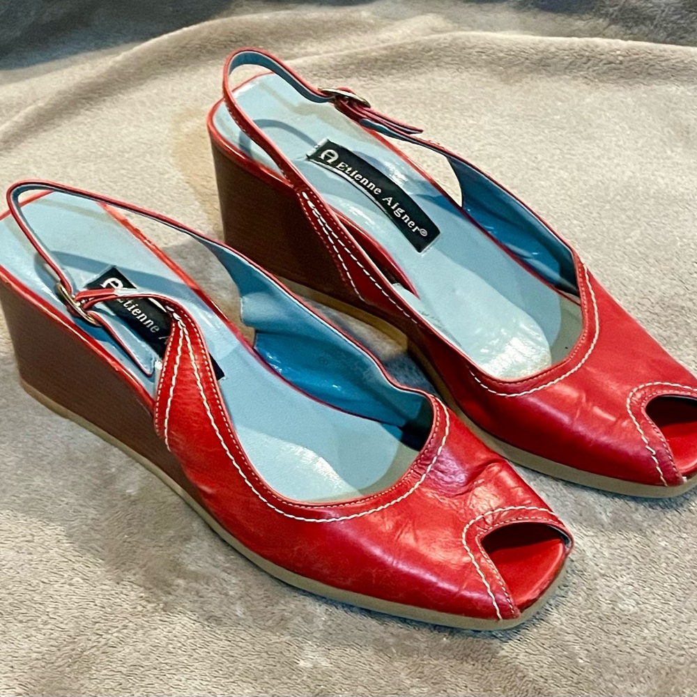 Etienne Aigner Red Peep-Toe Wedges